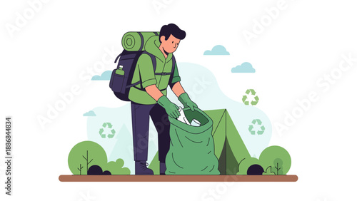 Volunteer Cleaning Up Nature Outdoor And Collecting Trash While Camping
