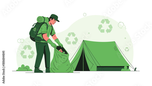 Volunteer Cleaning Up Trash In Nature Camping Green Illustration Design