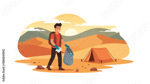 Volunteer Cleaning Up Desert Landscape Preserving Nature At Camping Site