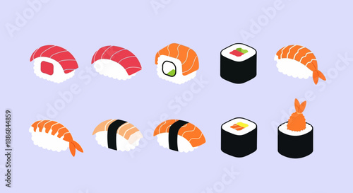 Assorted Sushi Rolls and Nigiri on Light Purple Background.