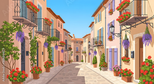 European village street illustration with colorful houses, balco