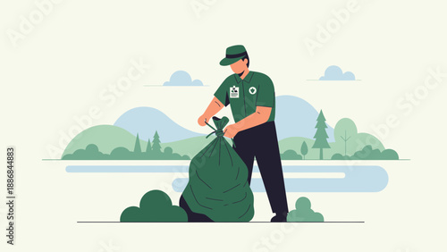 Volunteer Picking Up Trash To Keep The Forest Clean And Green Illustration