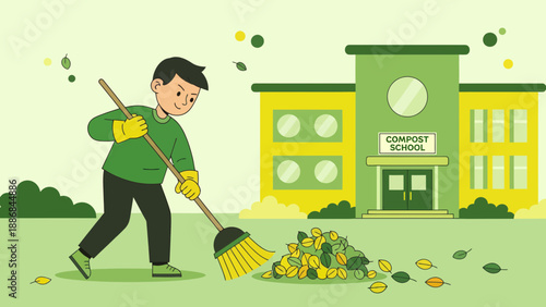 Volunteer Sweeping Leaves At Compost School Illustration With A Focus On Sustainability