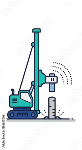 Vibrant Illustration Of Industrial Pile Driver At Work On Construction Site Foundation