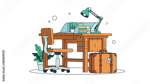 Organized home office workspace featuring a wooden desk with a chair, desk lamp, stack of books, potted plant, and a vintage suitcase.