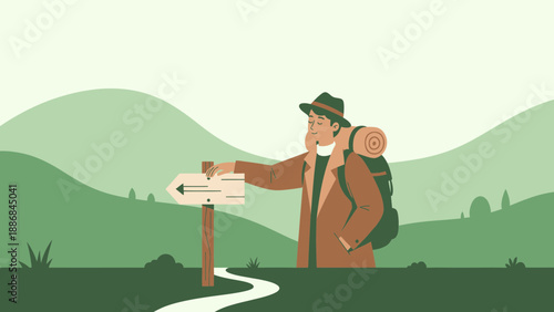 Wanderer Pausing At Signpost With Beautiful Landscape In Green And Brown Tones