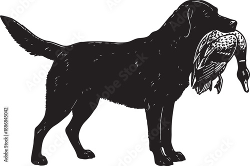 Black and white spotted dog silhouette with a bird in its mouth standing on all fours also transparent background