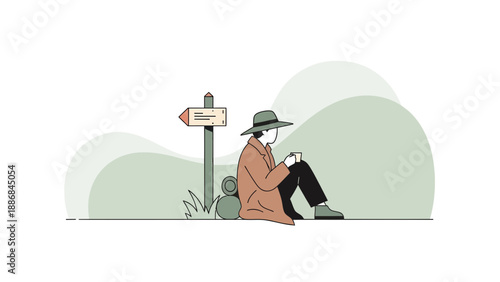 Wanderer Taking Coffee Break By The Signpost Exploring Nature And Planning Future Journeys