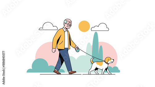 Elderly man in a yellow jacket and blue pants walks his cute beagle dog on a leash in a stylized park with colorful bushes.