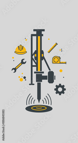 Vibrant Industrial Drilling Rig And Essential Construction Tools Flat Vector Design Illustration