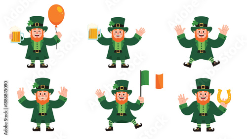 Collection of cheerful leprechaun characters in green suits celebrates St. Patrick's Day with beer, balloons, and good luck.