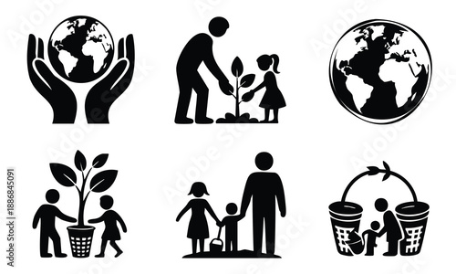 Bundle earth day silhouette icons family planting tree caring for planet