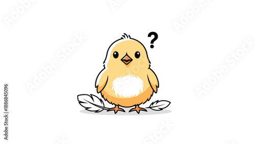 Confused little yellow chick looking forward with a black question mark floating above its head in a cute and simple cartoon illustration.
