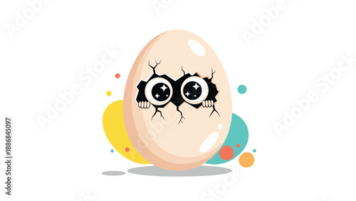 Cute cartoon chick with large sparkly eyes peeks through a horizontal crack in its beige eggshell surrounded by pastel dots.