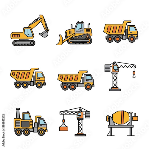 Vibrant Line Art Collection Of Heavy Machinery Icons For Building Projects And Sites