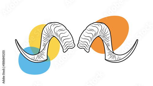 Two detailed sketches of curved ram or goat horns are placed against colorful abstract shapes to create a modern design.