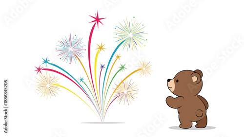 Adorable little brown bear cub watches a colorful display of fireworks with a sense of wonder on a quiet night.