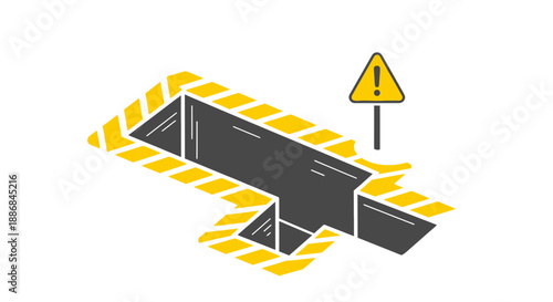 Vibrant Isometric Construction Trench With Hazard Warning Sign And Safety Stripes Illustration
