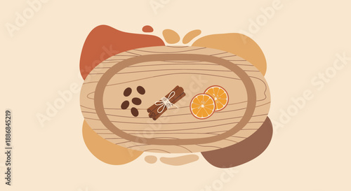 Warm Autumn Spices And Coffee Beans On A Rustic Wooden Tray Design Element
