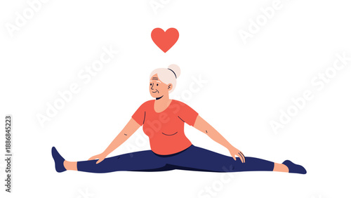 Flexible elderly woman with grey hair performs a full split on a yoga mat to show her health and fitness at an old age.