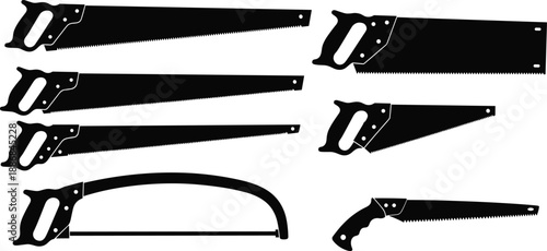 Hand saw vector illustration set, black silhouette woodworking tools collection, carpentry cutting saws, construction equipment icons, isolated on white background