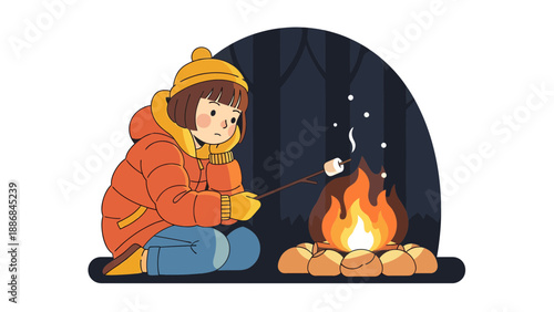Warm Winter Night Camping Adventure With Marshmallow Over Campfire Illustration
