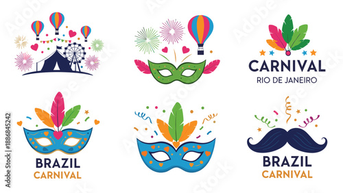 Diverse set of carnival masks and Rio de Janeiro themed festival icons features feathers, balloons, and colorful designs.