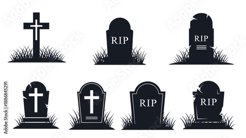 Silhouettes of various gravestones with RIP inscriptions and crosses stand in patches of grass against a white background.