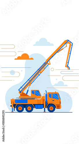Vibrant Orange And Blue Concrete Pump Truck At A Dynamic Construction Site For Building Projects