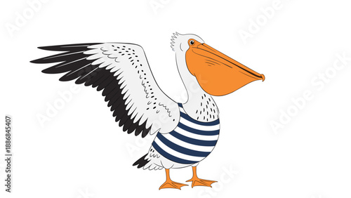 Pelican wearing a blue and white striped sailor shirt stands with its large wings spread and beak held high and proud.