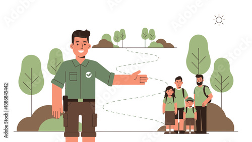 Welcoming Park Ranger Directing A Family Along Hiking Trail Illustration
