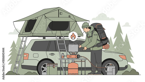 Weekend Adventure Man Preparing Food While Camping On His Car's Rooftop Tent