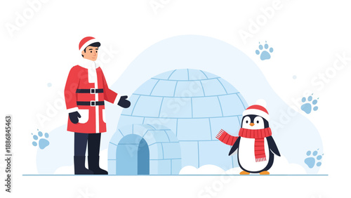 Welcoming Host Shows Iglu To Penguin Wearing Winter Accessories In Snowy Landscape