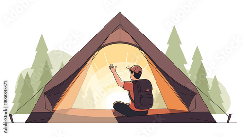 Welcoming The Sunrise From A Tent During A Summer Camping Adventure