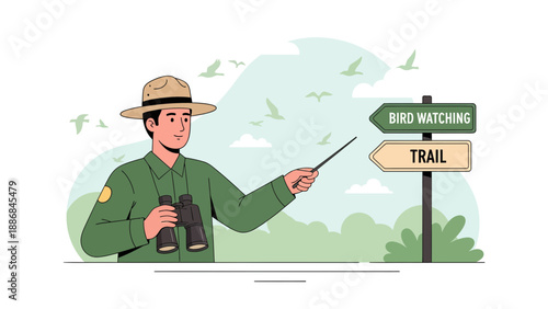 Welcoming Visitors on Forest Trails with Park Ranger Presenting Nature Activities