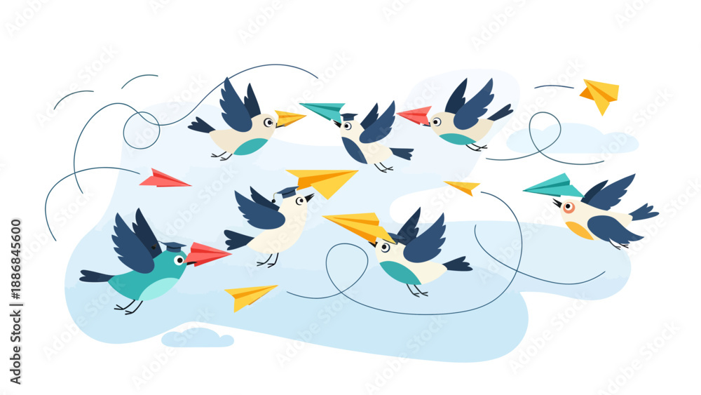 Fototapeta premium Whimsical Avian Aviation Birds Delivering Paper Plane Messages Across Light Blue Sky
