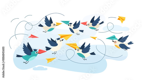 Whimsical Avian Aviation Birds Delivering Paper Plane Messages Across Light Blue Sky