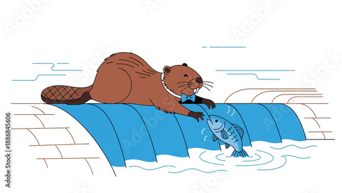 Whimsical Beaver On A Dam With Bowtie And Smiling Face Catching A Jumping Fish