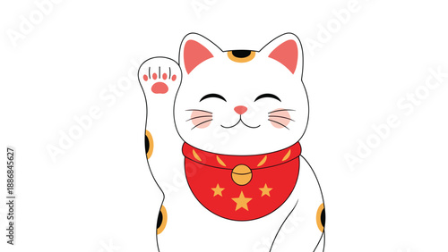 Lucky Japanese maneki neko cat character with red bib waving paw for prosperity and good luck in business and home.