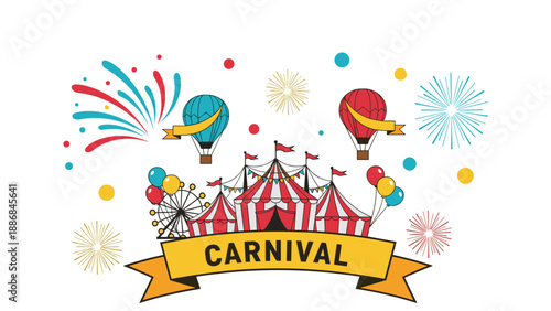 Festive carnival landscape with red and white circus tents fireworks ferris wheel and hot air balloons for entertainment events.