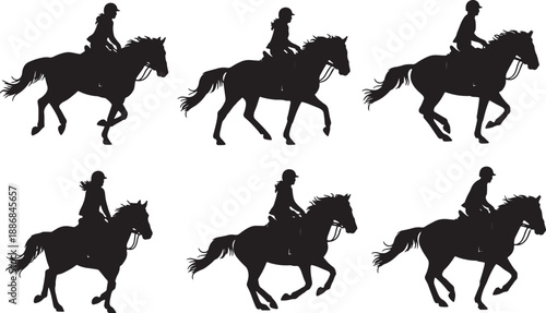 Five black silhouettes of people riding horses in various poses on a white background also transparent background