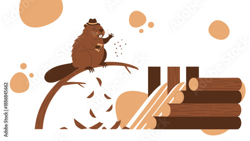 Whimsical Beaver Builder Character At Work Constructing With Wood Logs