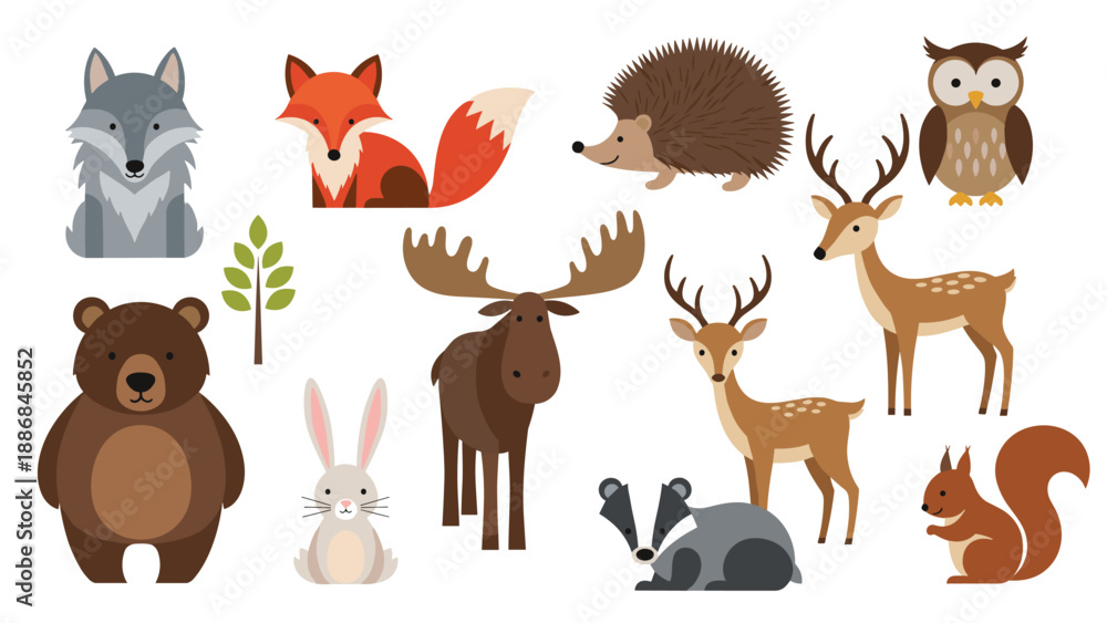 Obraz premium Collection of flat design woodland animal icons including a bear, fox, owl, deer, moose, and rabbit arranged on a plain white background.