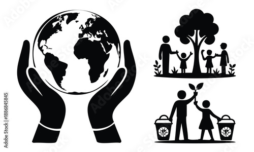 Bundle earth day silhouette large globe held by hands family icons