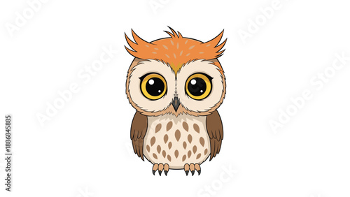 Charming owl character with large expressive eyes and soft brown feathers sitting alertly in a cute cartoon style for children book decoration.
