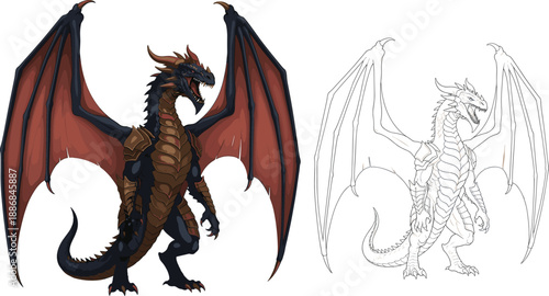 Majestic Fantasy Dragon with Large Wings Standing Tall Detailed Vector Illustration for Mythical Creature Legend and Medieval Lore Design Projects
