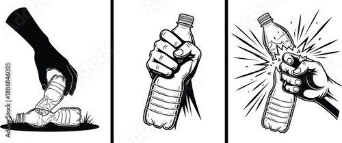 Three-panel black and white illustration of hand interactions with plastic bottle, showing pickup, grip, and crushing actions in environmental and minimalist design.
