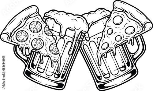 Black and white cartoon-style illustration of clinking beer mugs with pizza slices, symbolizing fun, food, and social celebration in vector design.