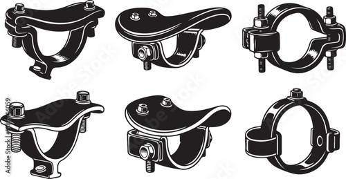 Set of metal pipe clamps in various styles and designs