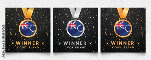 A distinguished collection of gold, silver, and bronze medals, each featuring the flag of the Cook Islands, set against a dark background with confetti and sparkling accents, perfect for recognizing c